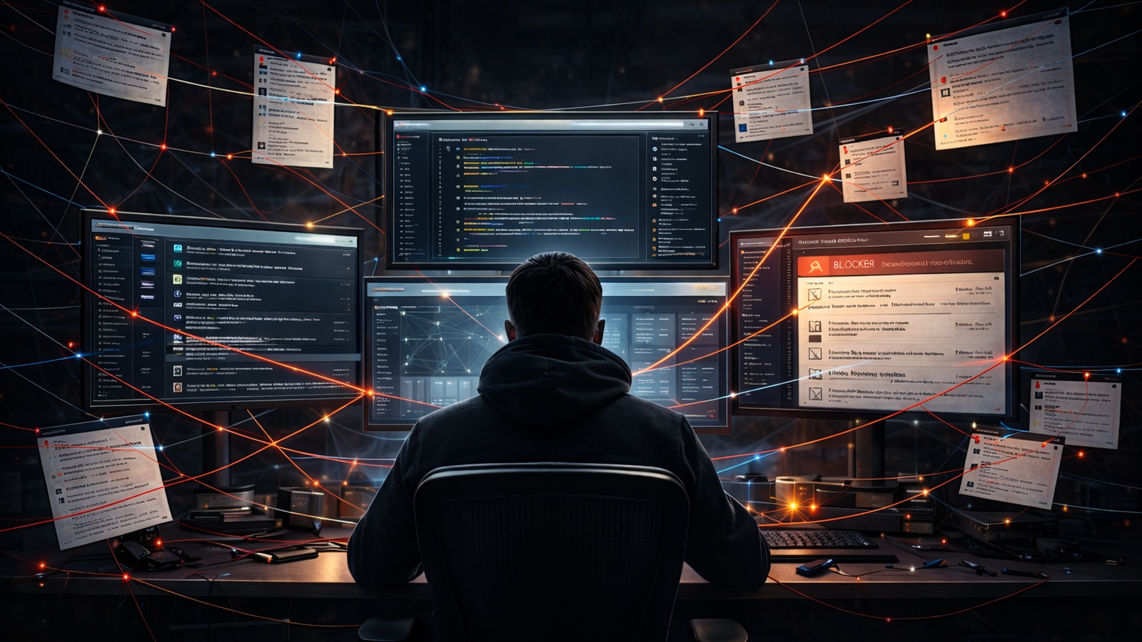AI chaos and scattered context tied together by Mission Control — multiple monitors, ticket threads, and blocker alerts converging into one control surface