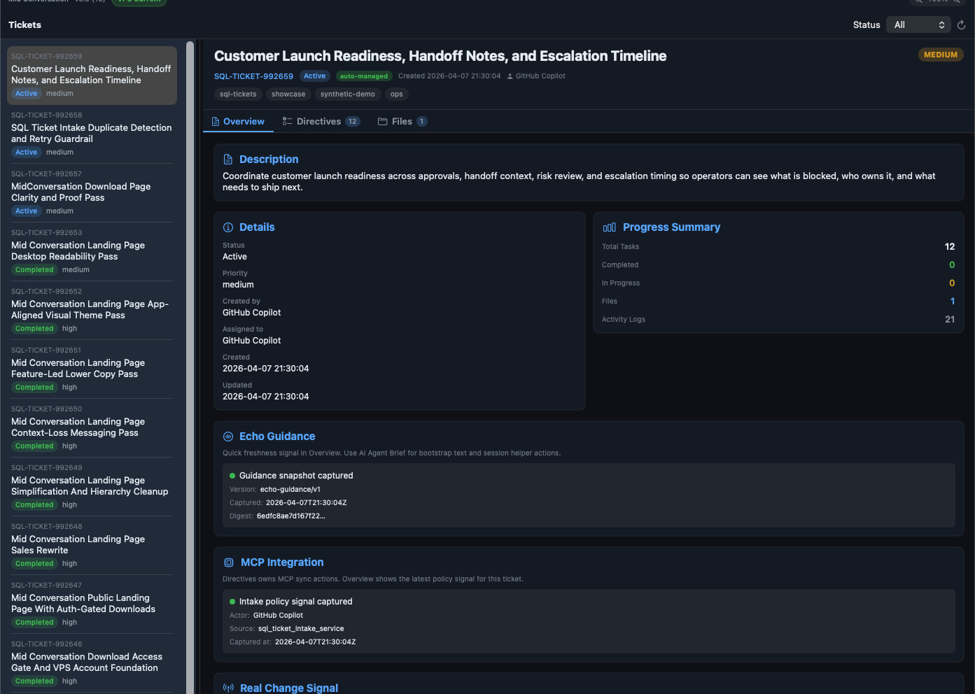 Mid Conversation ticket overview showing description, owner, progress summary, and activity signals