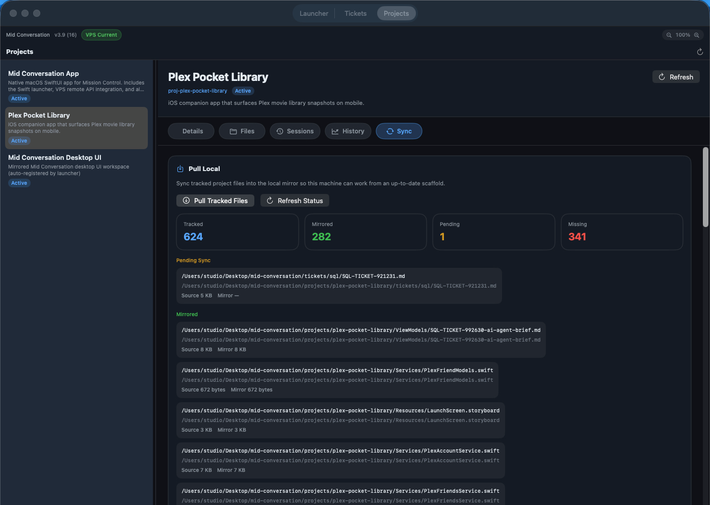 Mid Conversation project sync tab showing tracked, mirrored, pending, and missing files